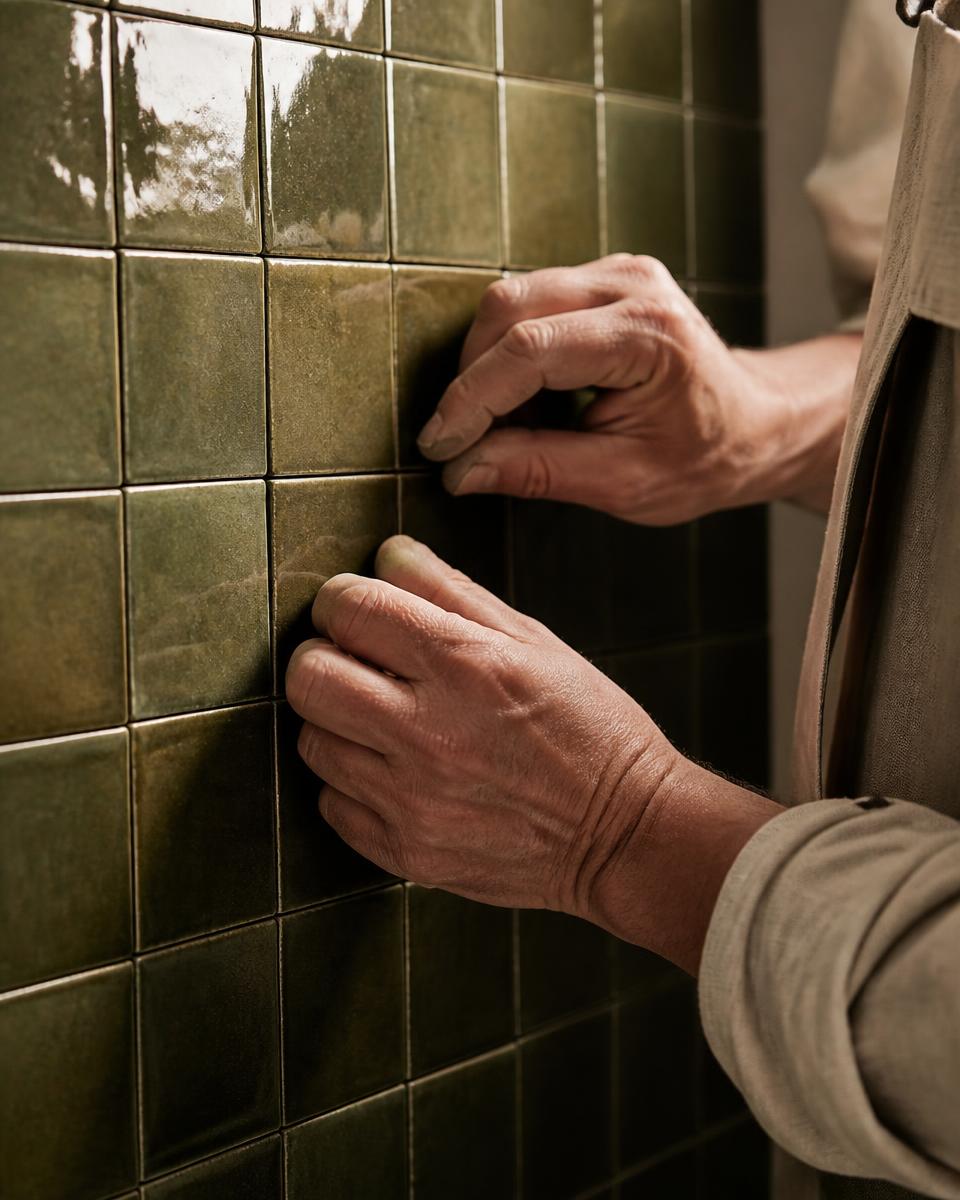 Craftsperson precisely placing olive glazed tiles