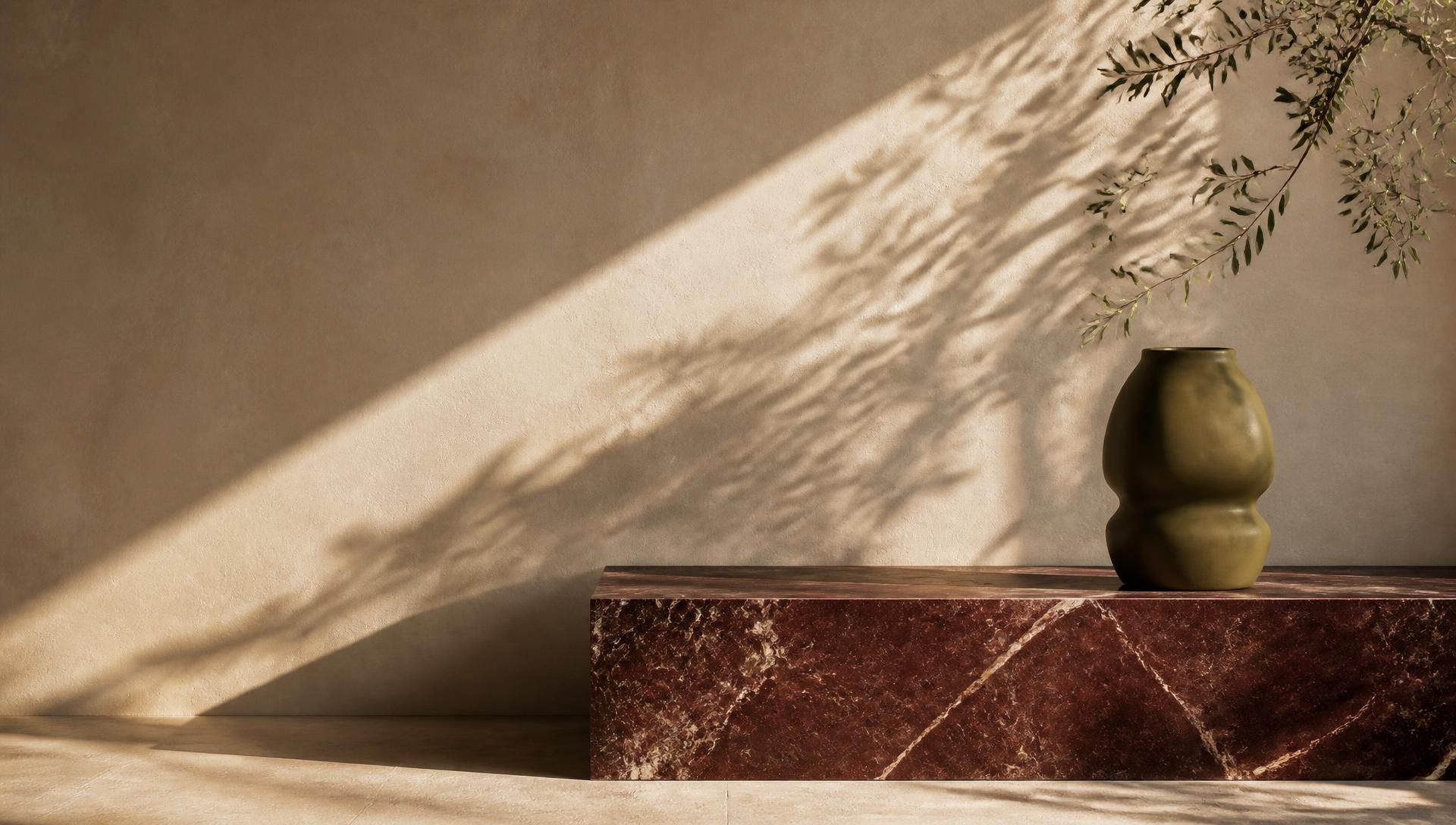 Sunlight and botanical shadows across limewash and Bordeaux marble